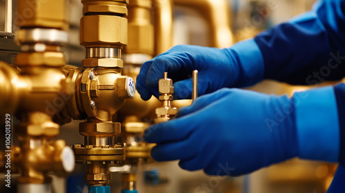 Industrial Worker Checking Brass Valves with Blue Gloves