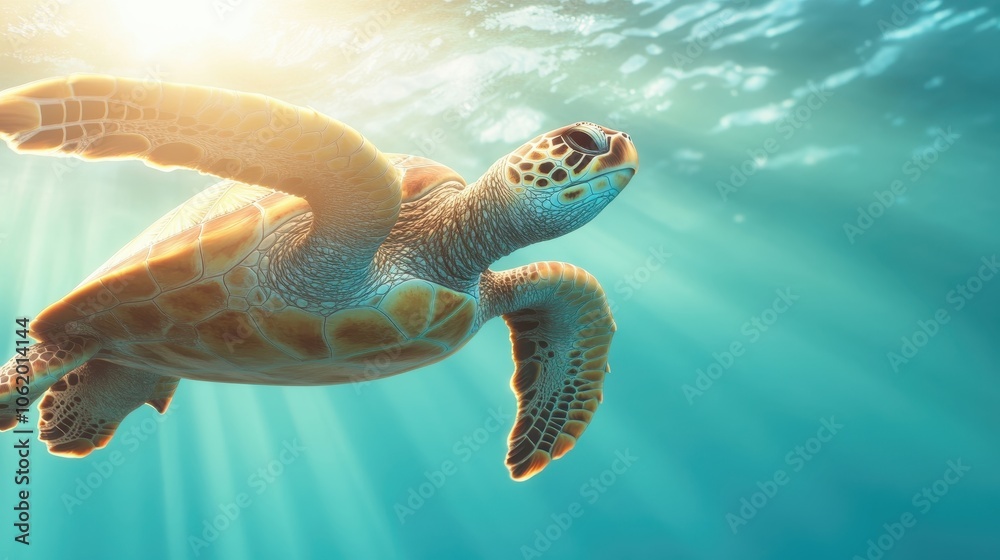 Fototapeta premium A turtle swimming in the ocean with the sun shining on it. The turtle is surrounded by sunlight, creating a warm and peaceful atmosphere