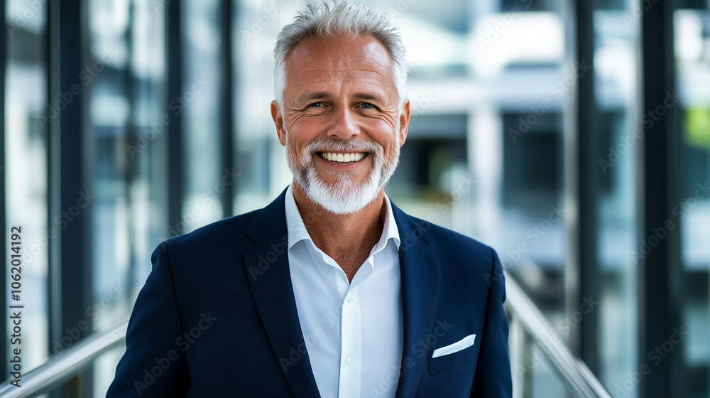 Senior businessman consultant with confident smile, looking directly at camera in sleek office building Senior businessman consultant with confident smile, looking directly at camera in sleek office building