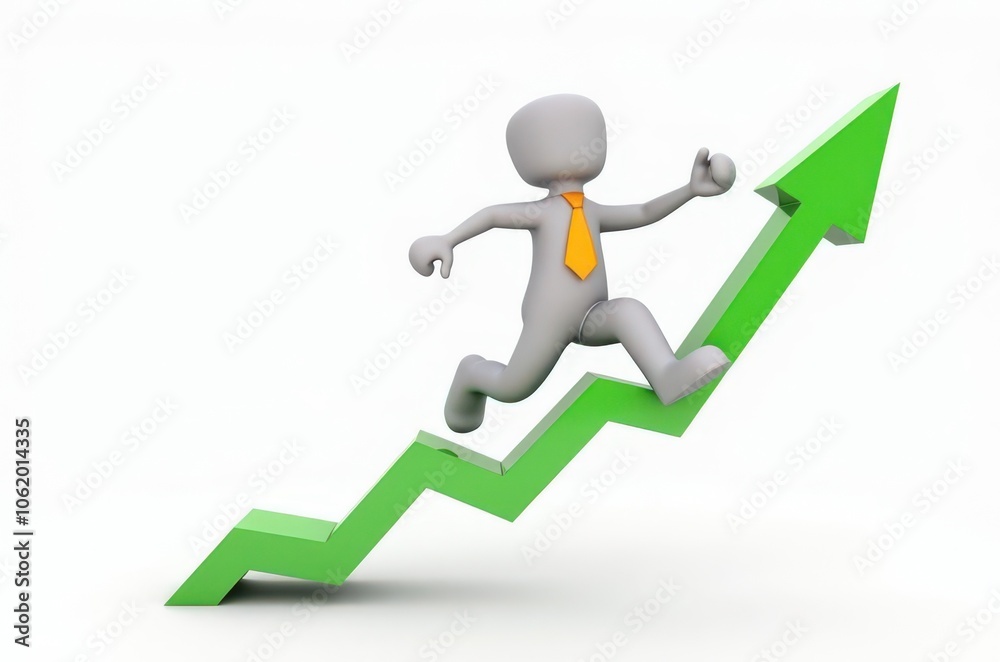 3d man red arrow success chart on white background.