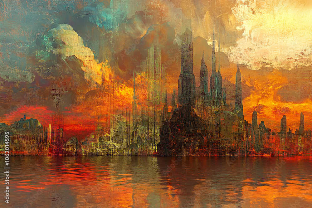 Obraz premium Abstract illustration of night cityscape glows with vibrant bokeh lights and atmospheric contrast sparkles with neon reflections