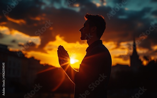 Powerful silhouette of a man praying with clasped hands against a radiant sunset, symbolizing the authority of the kingdom of God photo