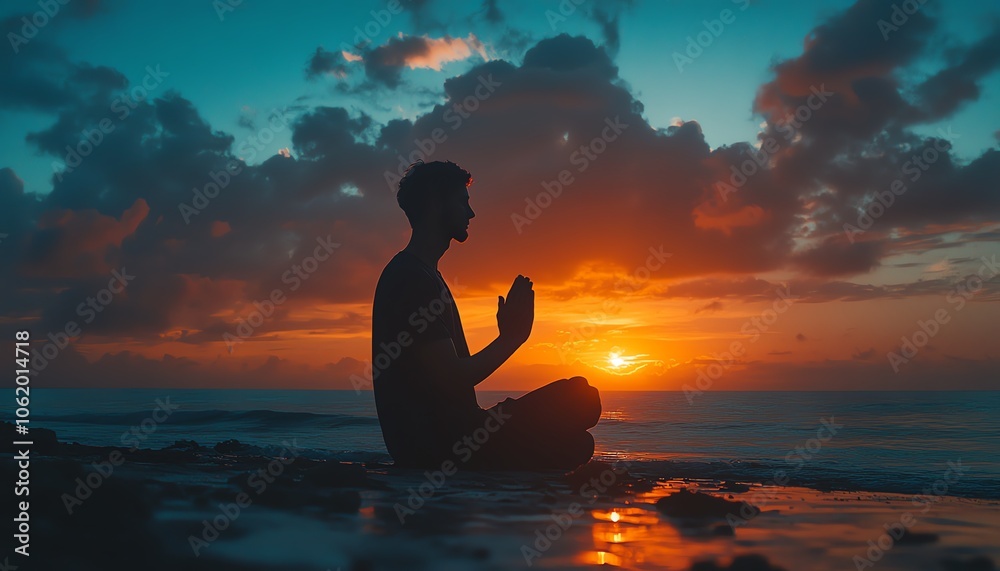 custom made wallpaper toronto digitalStriking silhouette of a man in a prayerful pose, clasped hands against a stunning sunset backdrop, illustrating the concept of the kingdom