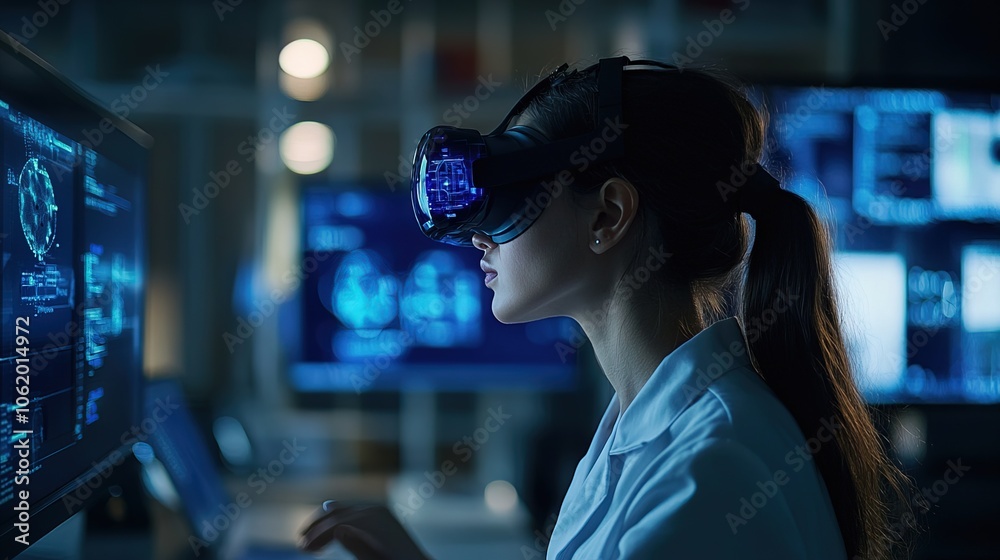 Female scientist in dark office using virtual reality for research futuristic Female scientist in dark office using virtual reality for research futuristic