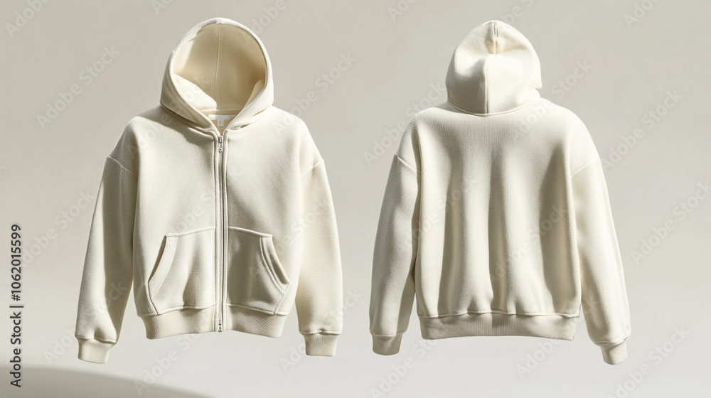 Cream Zip Up Hoodie Mockup Front and Back View Casual Wear Fashion Apparel Cream Zip Up Hoodie Mockup Front and Back View Casual Wear Fashion Apparel