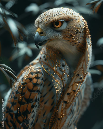 Bird . Bird has intricate, detailed feathers with a metallic sheen, set against a forest background. fantasy, art, and wildlife themes. photo