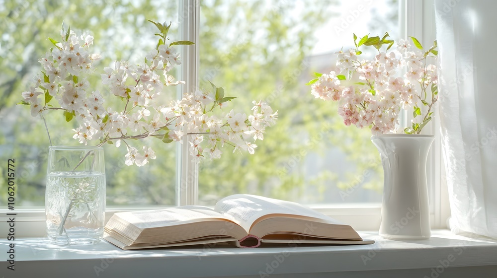 The window is open, and the spring flowers in white vases on the windowsill with pink peach blossoms are blooming The window is open, and the spring flowers in white vases on the windowsill with pink peach blossoms are blooming