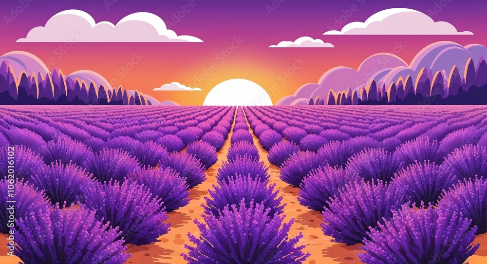 Fototapeta premium Lavender field illustration purple rows golden sunset