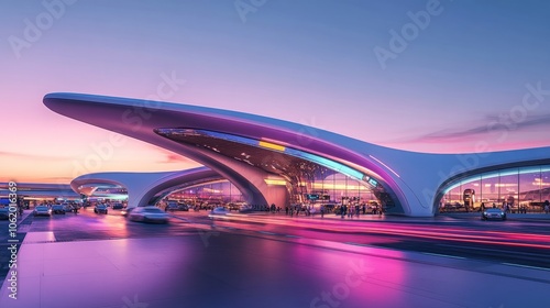 Futuristic Transportation Hub at Dusk