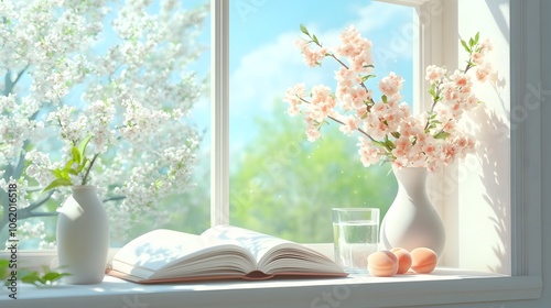 The window is open, and the spring flowers in white vases on the windowsill with pink peach blossoms are blooming