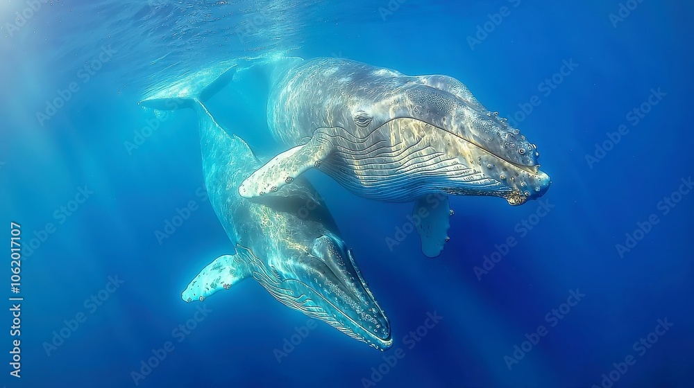 Blue Whales in Tranquil Waters, A mother and calf glide gracefully beneath sunlit waves, showcasing the majestic beauty of these gentle giants in the Indian Ocean near Sri Lanka. Blue Whales in Tranquil Waters, A mother and calf glide gracefully beneath sunlit waves, showcasing the majestic beauty of these gentle giants in the Indian Ocean near Sri Lanka.