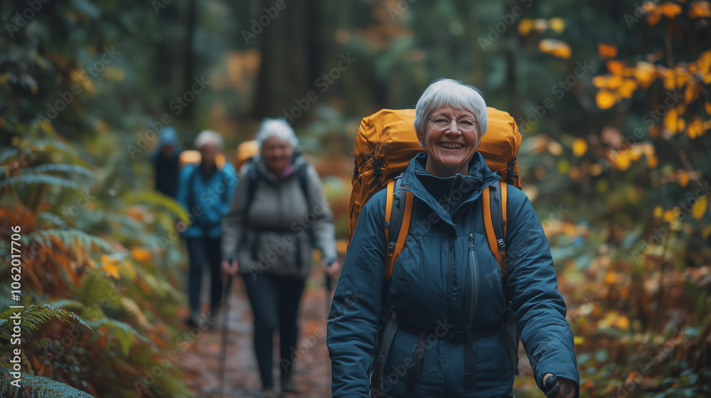 A group of senior friends hiking together on a nature trail, smiling and supporting each other, happy elders, Generative AI A group of senior friends hiking together on a nature trail, smiling and supporting each other, happy elders, Generative AI