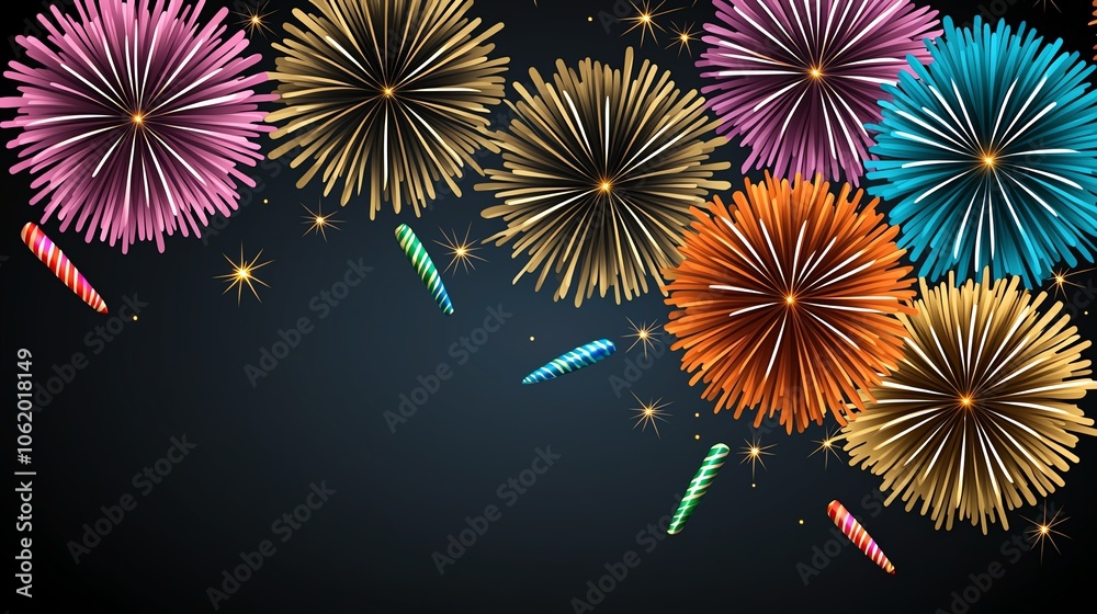 Fototapeta premium A vibrant display of colorful fireworks in various shapes, lighting up the dark night sky, creating a festive atmosphere.