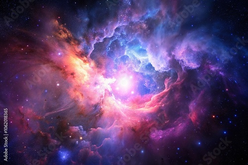 Purple gas nebulae in space and sparkling stars	 photo