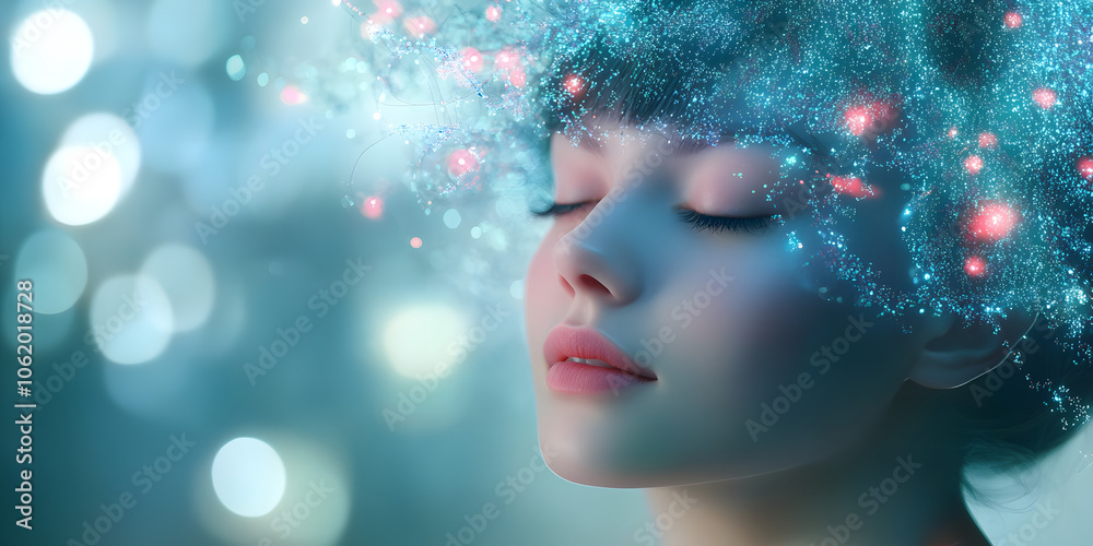 A serene, futuristic woman with closed eyes, her hair composed of glowing digital elements, suggesting a blend of technology and human consciousness. A serene, futuristic woman with closed eyes, her hair composed of glowing digital elements, suggesting a blend of technology and human consciousness.