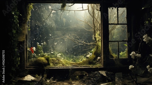 Illustrate an old, dusty window frame with shattered glass, revealing a desolate, abandoned room inside and an overgrown garden outside, evoking a sense of neglect and mystery