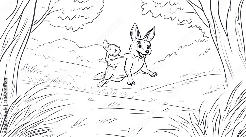 A Mother Rabbit Carrying Her Kit Through the Forest. Coloring book illustration. A Mother Rabbit Carrying Her Kit Through the Forest. Coloring book illustration.