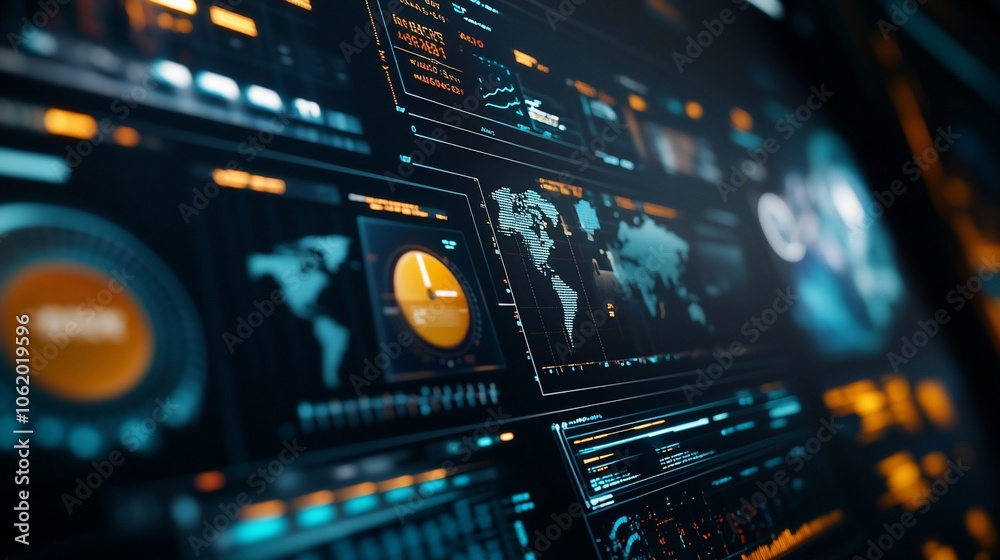 A close-up of a computer screen displaying a futuristic user interface with a variety of data visualizations and graphs. A close-up of a computer screen displaying a futuristic user interface with a variety of data visualizations and graphs.