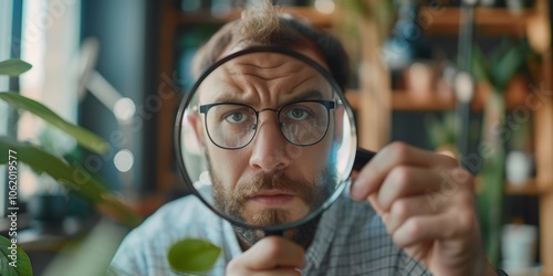Businessman looking through a magnifying glass, searching, monitoring the situation, Generative AI.