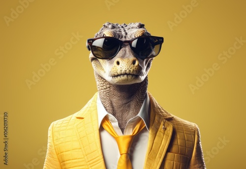 A close-up of an alligator wearing sunglasses. Anthopomorphic image. A fictional character for advertising and marketing. Humorous character for graphic design. photo