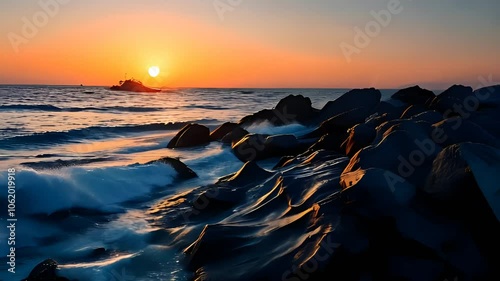 Sunset Serenity: Capturing the Tranquil Beauty of Ocean Waves and Rocky Shores