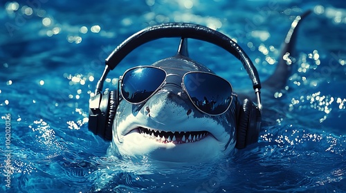 Music DJ shark with sunglasses and headphones - Blue ocean background - Generative AI.