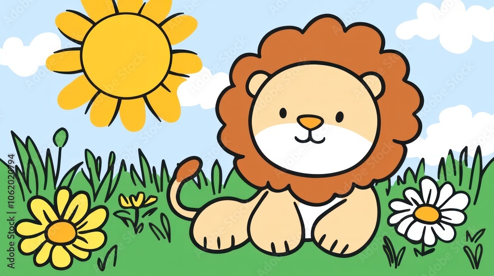 Cartoon Lion Sitting in a Field with Flowers and Sunshine. Coloring book illustration.