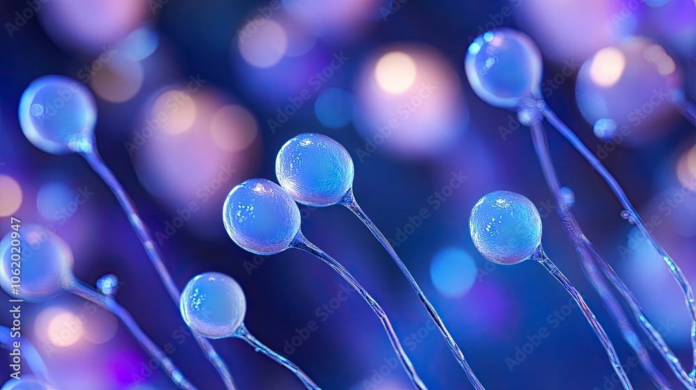 Abstract cluster of delicate blue spheres on top of thin translucent stems. Fantastic abstract alien organic tissue. Microbiological research. Illustration for brochure, poster, presentation, flyer.