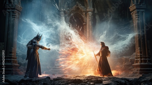 Visualize a dramatic confrontation between two spell characters in a magical duel, with vibrant, clashing spells of fire and ice creating an explosive visual spectacle in an ancient, ruined temple.