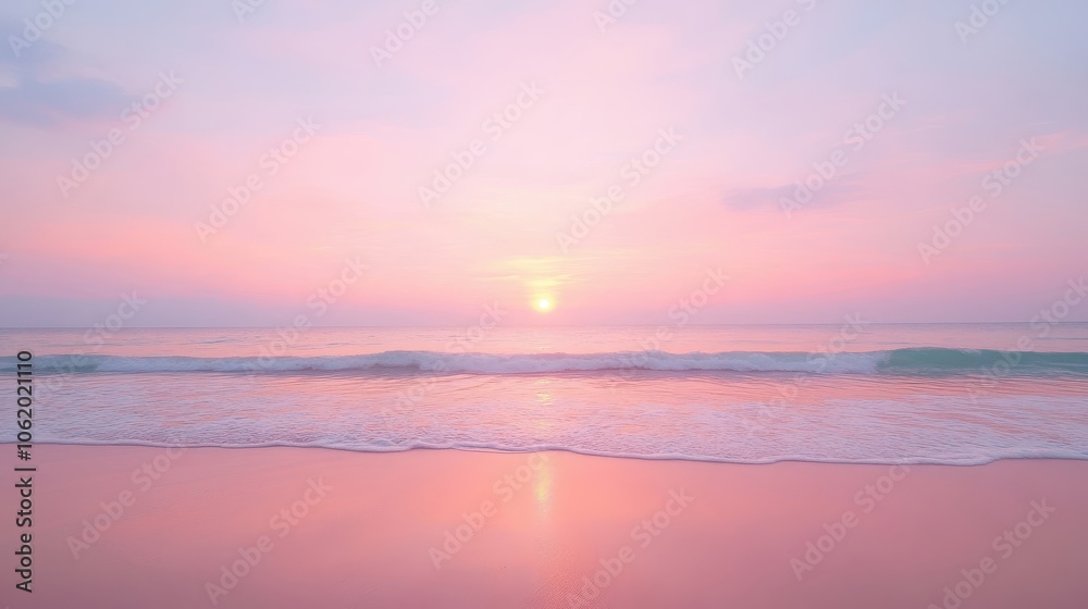 A beautiful beach scene with a pink and orange sunset. The sky is filled with clouds, and the water is calm. The beach is empty, and the only people visible are the waves. The scene is serene A beautiful beach scene with a pink and orange sunset. The sky is filled with clouds, and the water is calm. The beach is empty, and the only people visible are the waves. The scene is serene