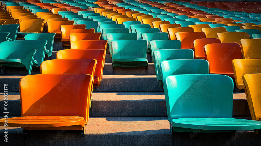 Fototapeta premium Colorful Stadium Seats in Rows Blue Orange Yellow Perspective Sport Event