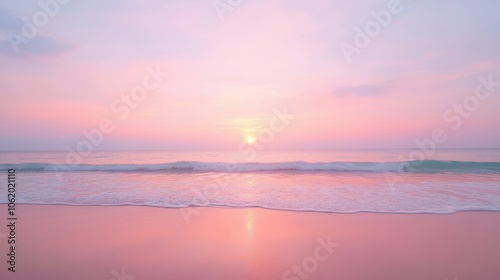 A beautiful beach scene with a pink and orange sunset. The sky is filled with clouds, and the water is calm. The beach is empty, and the only people visible are the waves. The scene is serene