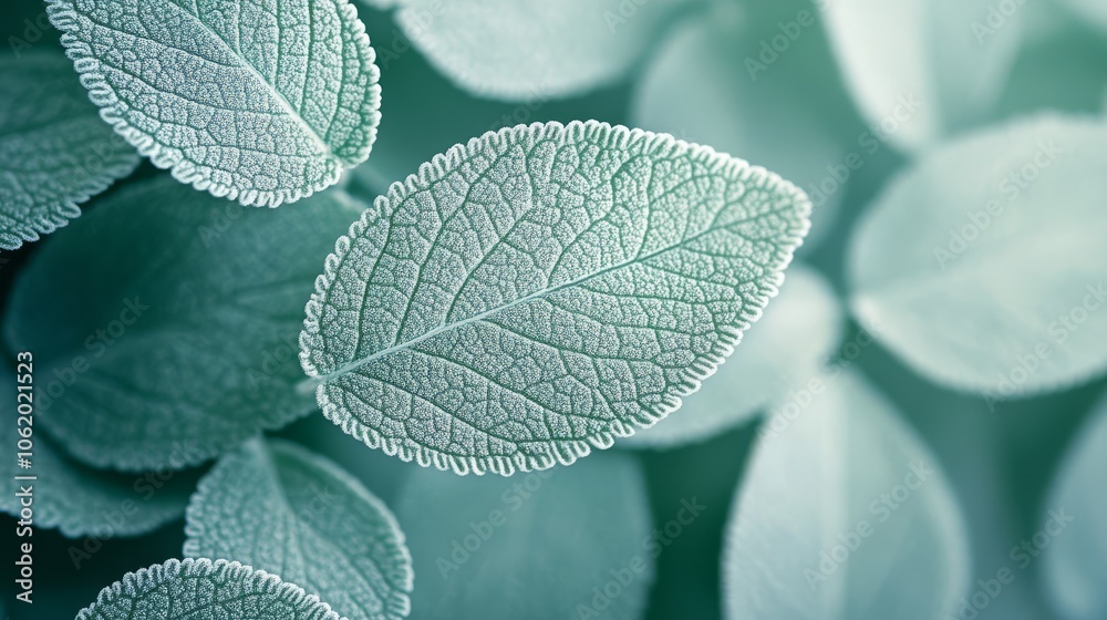 Mint green background with white leaf patterns, Fresh Green Leaves on Soft Background Mint green background with white leaf patterns, Fresh Green Leaves on Soft Background