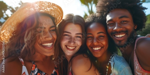 Party of happy young people with cocktails. Friends having fun on the beach. Generative AI.