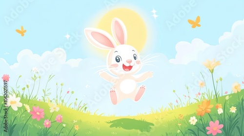 A Cheerful White Bunny Jumping in a Sunny Meadow