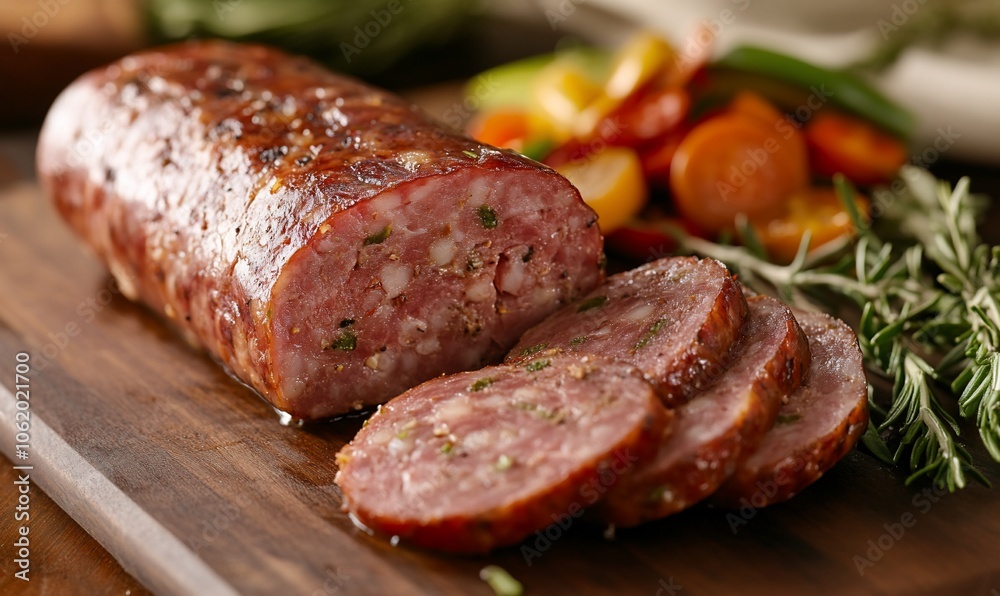A close-up of sliced Italian sausage on a wooden cutting board with roasted vegetables and fresh rosemary sprigs. A close-up of sliced Italian sausage on a wooden cutting board with roasted vegetables and fresh rosemary sprigs.