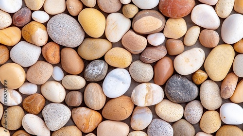 Petoskey Stone Pebbles on Serene Beach, smooth stones glistening under sunlight, a tranquil coastal scene inviting exploration and reflection, endless horizon meeting gentle waves photo