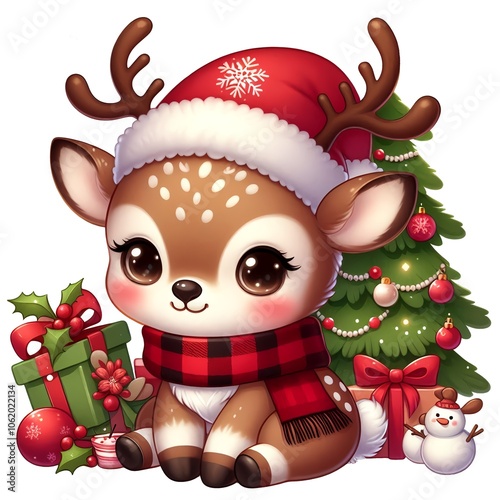 Cute Christmas Deer Clipart is a great choice for creating cards, invitations, party supplies and decorations. AI generated.