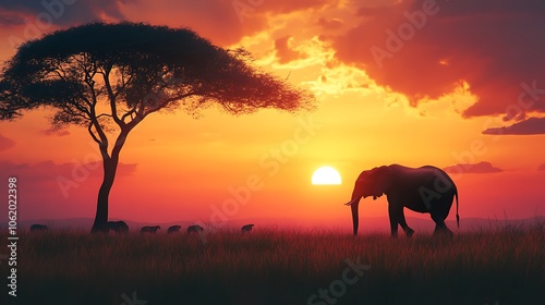 Vibrant African safari with animal silhouettes in golden dusk image
