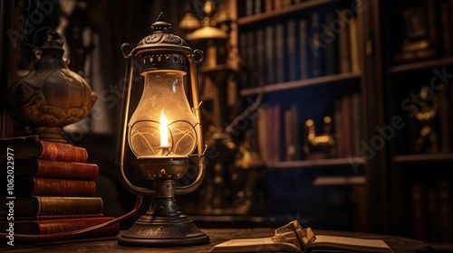 Visualize an old, rustic lamp with a flickering flame, placed in a historical setting such as a medieval castle or ancient library, casting an atmospheric, historical glow