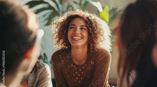 Happy health coach interacting with clients during a session, radiating positivity and care