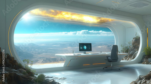 Futuristic Office with Mountain View Illustration