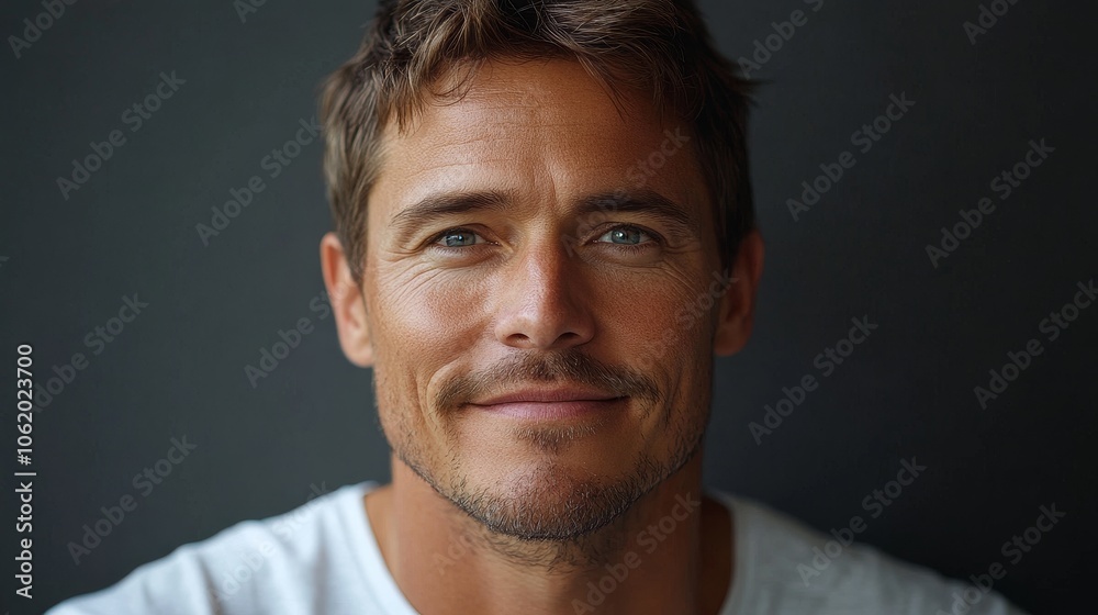Obraz premium closeup portrait of caucasian softly smiling man is 35 years old wearing white T-shirt on grey color background