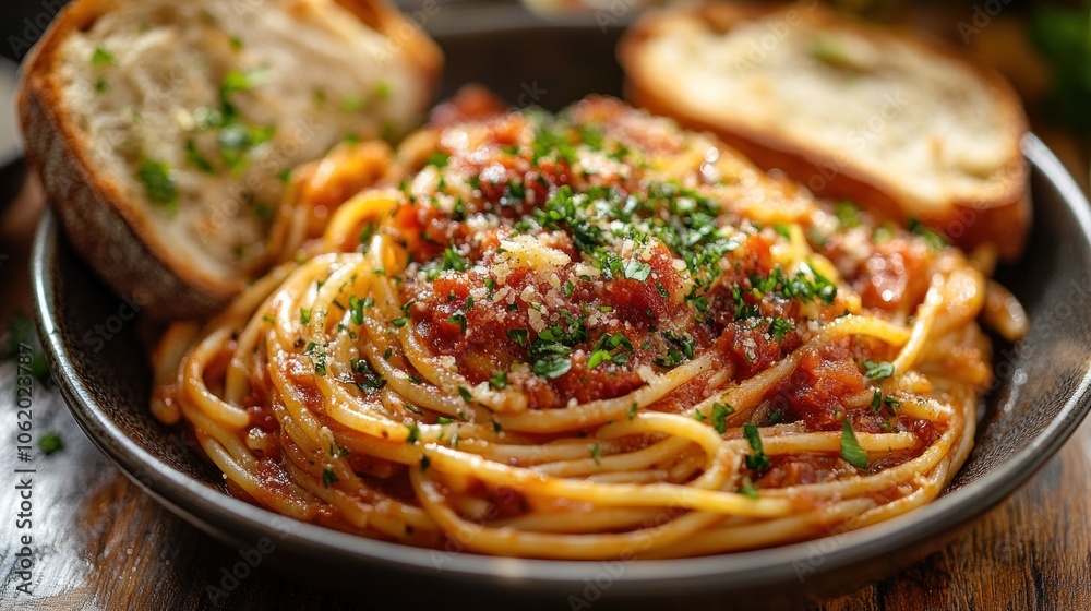 A delicious bowl of spaghetti with sauce and garlic bread. A delicious bowl of spaghetti with sauce and garlic bread.