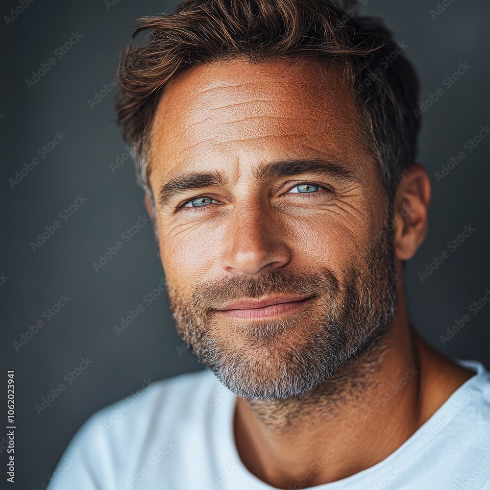 portrait of caucasian softly smiling man is 40 years old wearing white T-shirt on grey color background portrait of caucasian softly smiling man is 40 years old wearing white T-shirt on grey color background