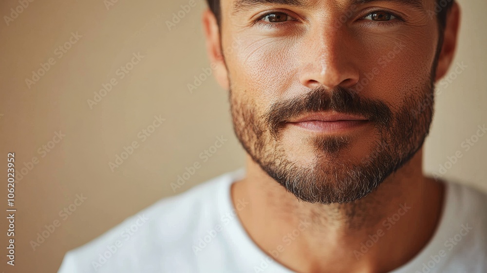 closeup portrait of caucasian softly smiling man is 35 years old with beard wearing white T-shirt on beige color background closeup portrait of caucasian softly smiling man is 35 years old with beard wearing white T-shirt on beige color background