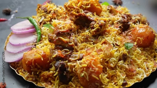 Mutton Biryani in plate with salad on table