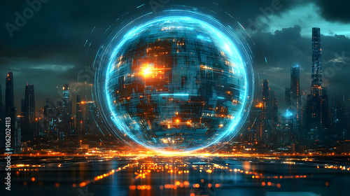 Futuristic Cityscape with Holographic Sphere Illustration