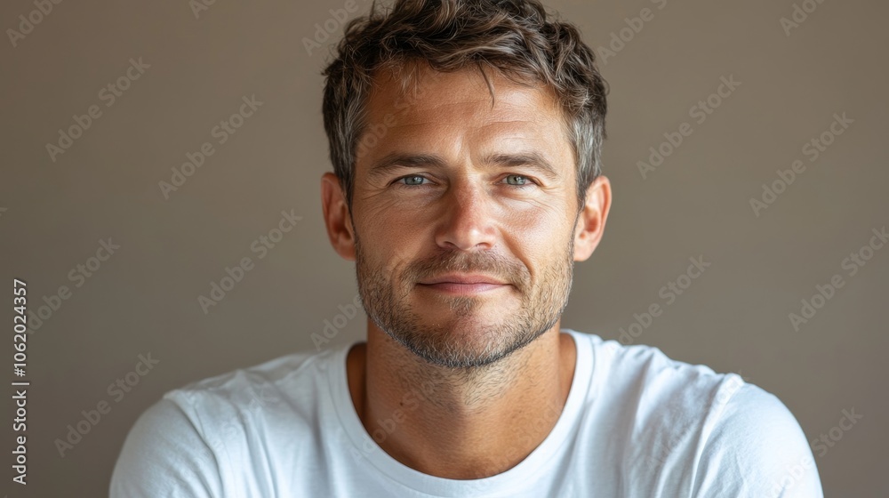 portrait of adult caucasian softly smiling man is 40 years old wearing white T-shirt on beige color background, closeup portrait of adult caucasian softly smiling man is 40 years old wearing white T-shirt on beige color background, closeup