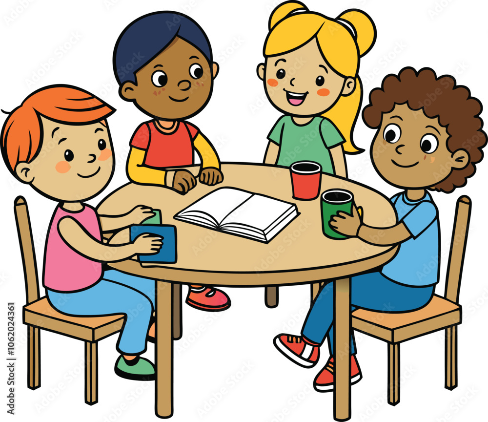 Aventuras en el aula niños de dibujos animados aprendiendo y jugando en fondo blanco ilustración vectorial Aventuras en el aula niños de dibujos animados aprendiendo y jugando en fondo blanco ilustración vectorial